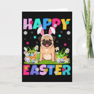 Tarjeta Pug Perros Feliz Pascua Caza de Huevos Conejo Orej
