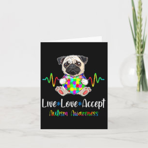 Tarjeta Pug Puzzle Piece Live Love Acepta Autismo Concienc