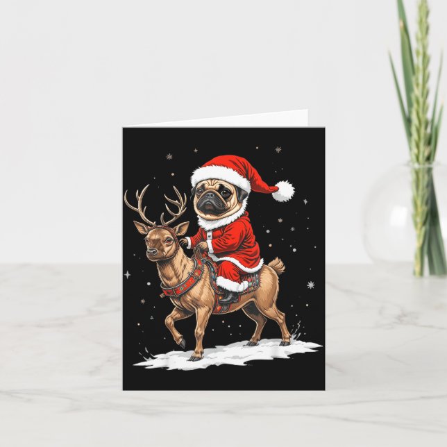 Tarjeta Pug Santa Riding Reindeer Christmas Holiday Puppy  (Anverso)