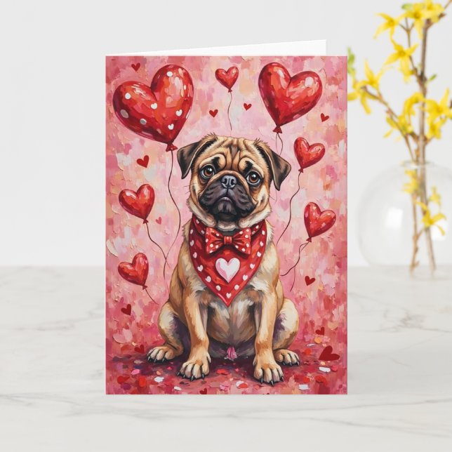 Tarjeta Pug Valentine’s Day Dog with Hearts Red (flor amarilla)