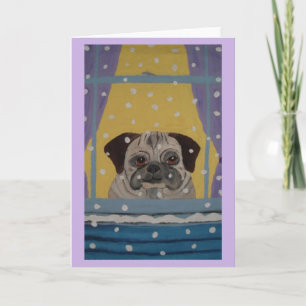 Tarjeta Pug viendo nevar