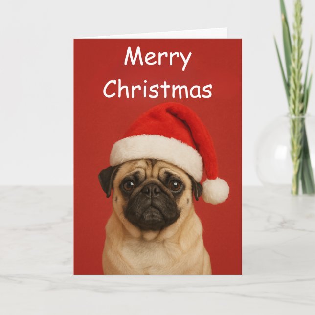 Tarjeta Pug with a Santa hat Custom Christmas Greeting (Anverso)