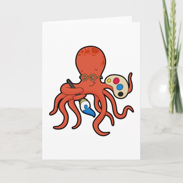 Tarjeta Pulpo como pintor con pintura y pincel (Anverso)