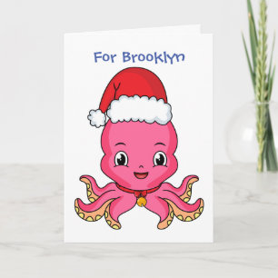 Tarjeta Pulpo lindo y feliz que lleva sombrero de Navidad
