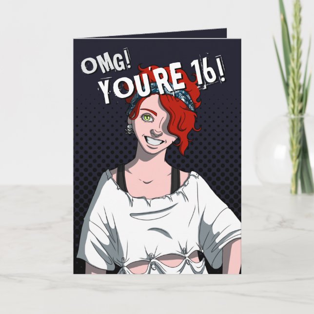 Tarjeta Punk Redhead Adolescente Chica Negro 16º cumpleaño (Anverso)