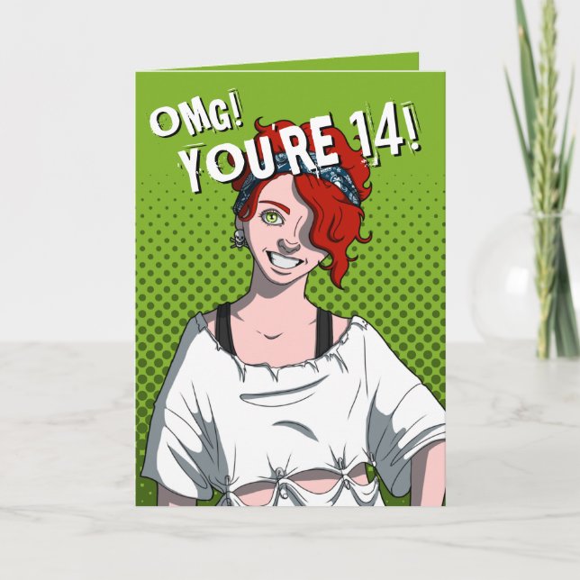 Tarjeta Punk Redhead Teen Chica Green 14th Birthday (Anverso)