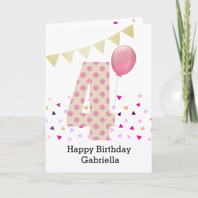 Tarjeta Punto de Polka Rosa Confetti 4º cumpleaños (Anverso)