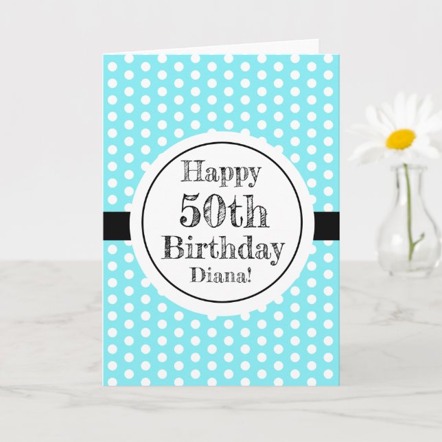 Tarjeta Puntos De Polka De 50 Años Azul Y Blanco (Planta pequeña)