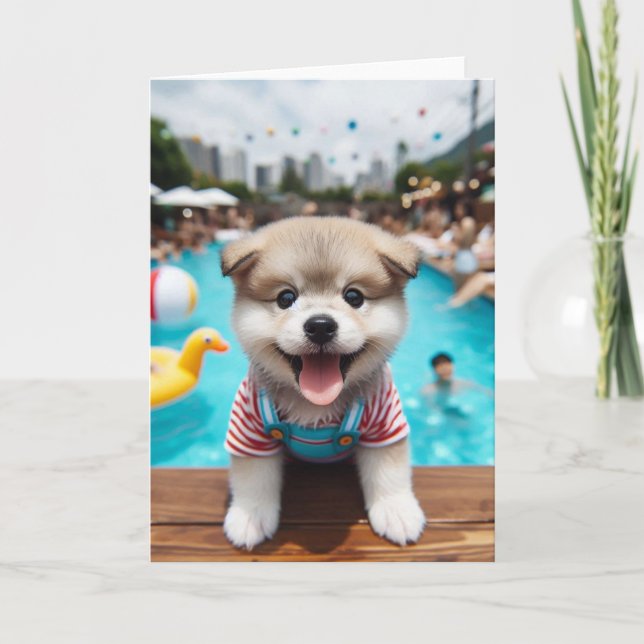 Tarjeta Puppy Cute Pool Fiesta All Occasis Card (Anverso)