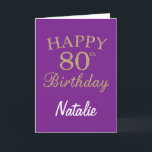 Tarjeta Purple and Gold Glitter 80th Birthday Card<br><div class="desc">Purple and Gold Glitter 80th Birthday Card with personalized name. For further customization,  please click the "Customize it" button and use our design tool to modify this template.</div>