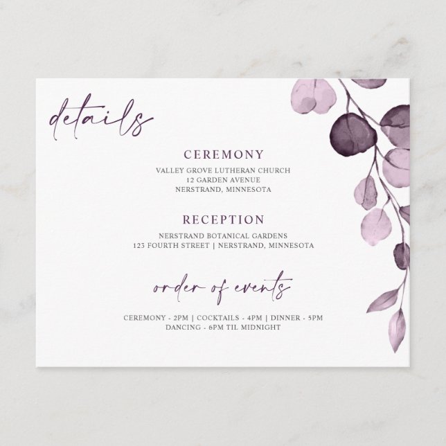 Tarjeta Purple Boda Details Card Floral Garden (Anverso)