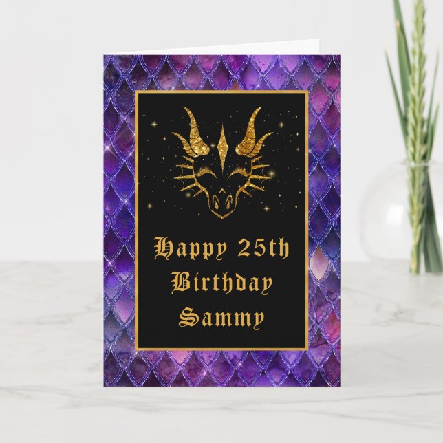 Tarjeta Purple Dragon Scales Faux Purpurina Happy Birday (Anverso)