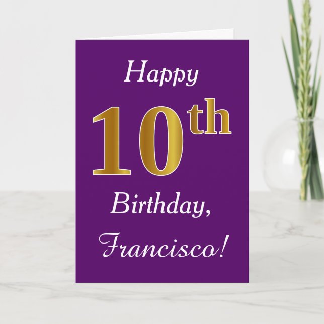 Tarjeta Purple, Faux Gold 10 cumpleaños + Nombre personali (Anverso)