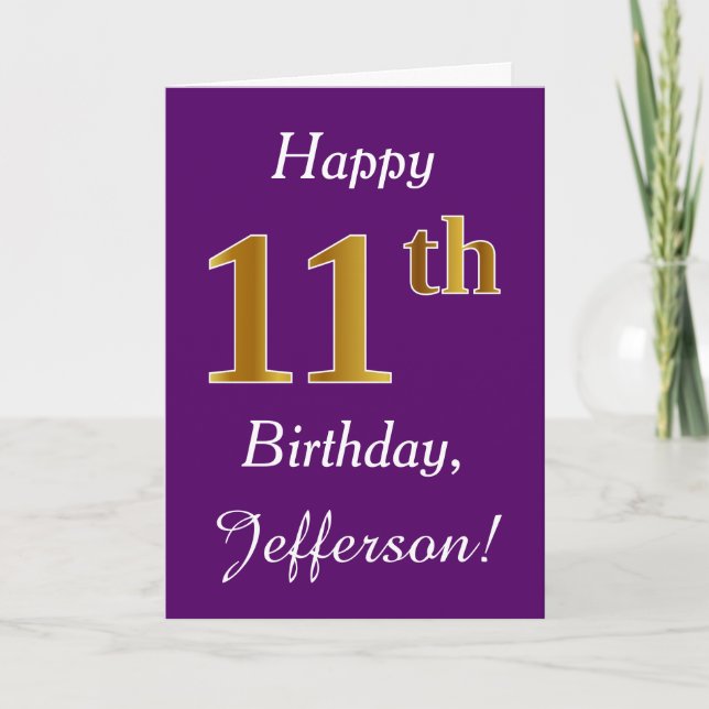 Tarjeta Purple, Faux Gold 11th Birthday + Custom Name (Anverso)