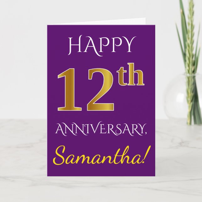 Tarjeta Purple, Faux Gold 12° Aniversario del Boda + Nombr (Anverso)