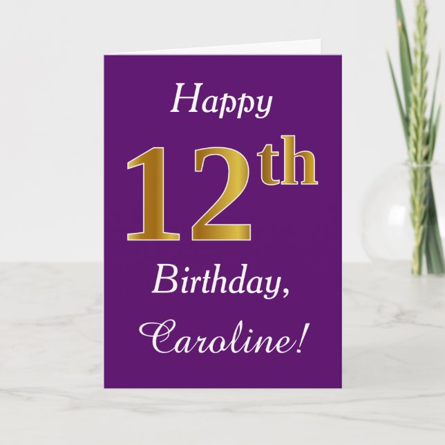 Tarjeta Purple, Faux Gold 12th Birthday + Custom Name (Anverso)