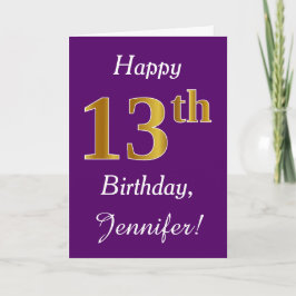 Tarjeta Purple, Faux Gold 13 cumpleaños + Nombre personali