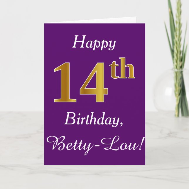 Tarjeta Purple, Faux Gold 14 cumpleaños + Nombre personali (Anverso)