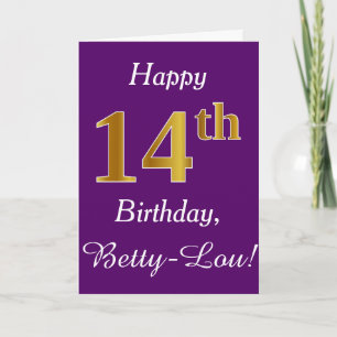Tarjeta Purple, Faux Gold 14 cumpleaños + Nombre personali