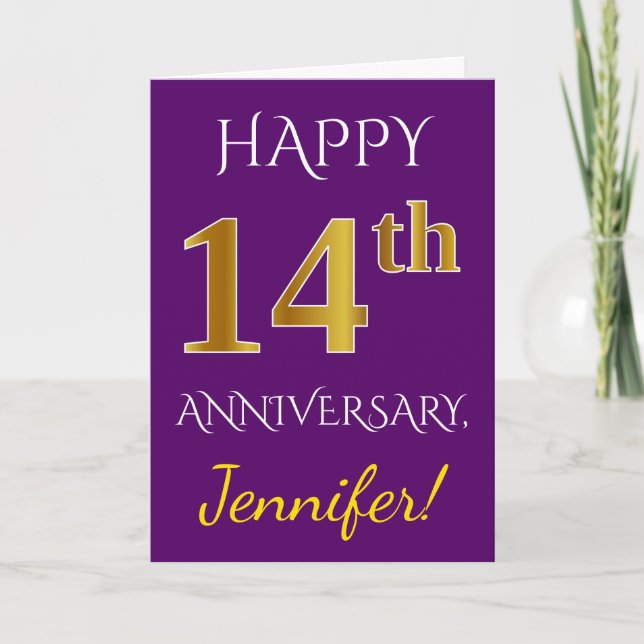 Tarjeta Purple, Faux Gold 14to aniversario Boda + Nombre (Anverso)