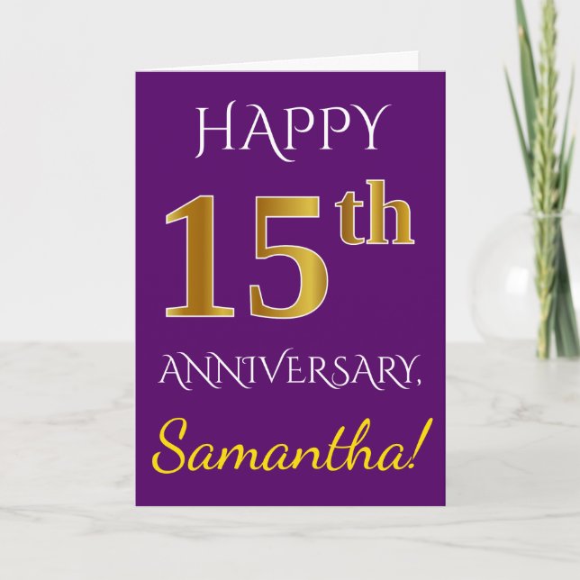 Tarjeta Purple, Faux Gold 15° Aniversario del Boda + Nombr (Anverso)