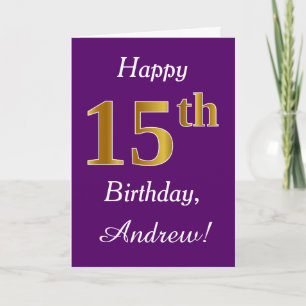 Tarjeta Purple, Faux Gold 15th Birthday + Custom Name