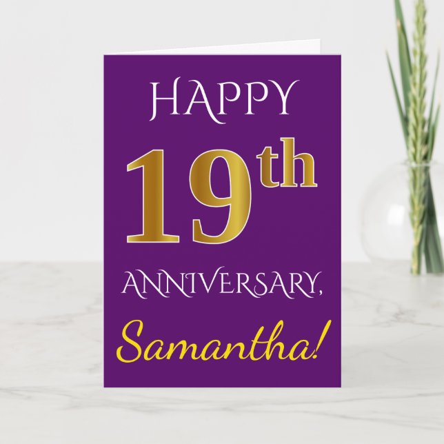 Tarjeta Purple, Faux Gold 19º Aniversario del Boda + Nombr (Anverso)