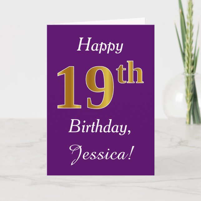 Tarjeta Purple, Faux Gold 19th Birthday + Custom Name (Anverso)