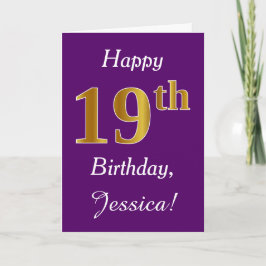 Tarjeta Purple, Faux Gold 19th Birthday + Custom Name