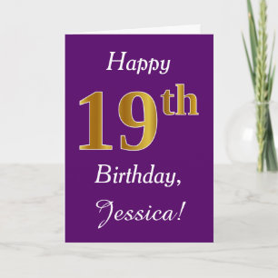 Tarjeta Purple, Faux Gold 19th Birthday + Custom Name