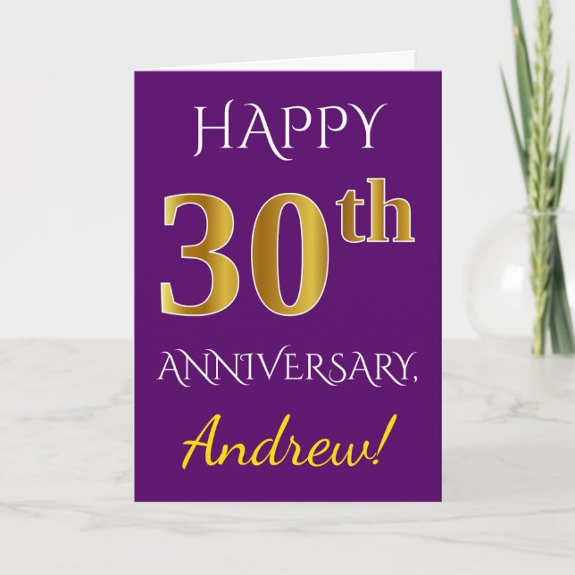 Tarjeta Purple, Faux Gold 30 Aniversario Boda + Nombre (Anverso)