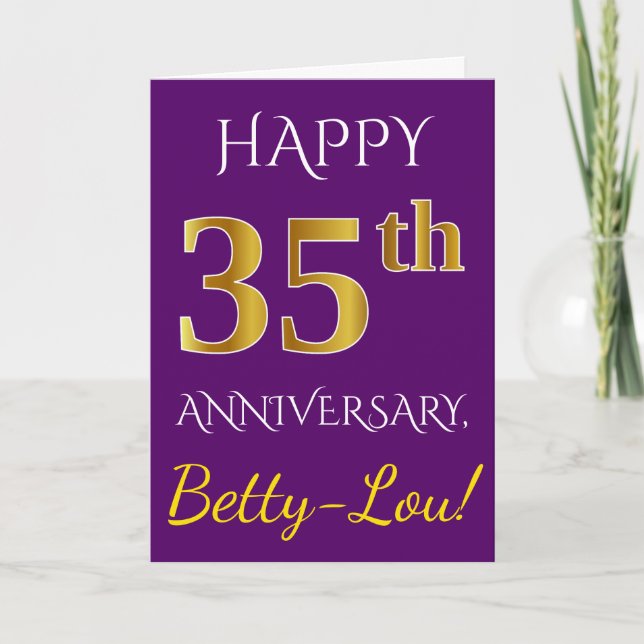 Tarjeta Purple, Faux Gold 35 Aniversario Boda + Nombre (Anverso)
