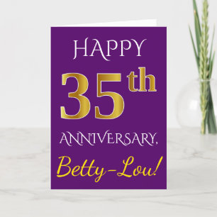Tarjeta Purple, Faux Gold 35 Aniversario Boda + Nombre