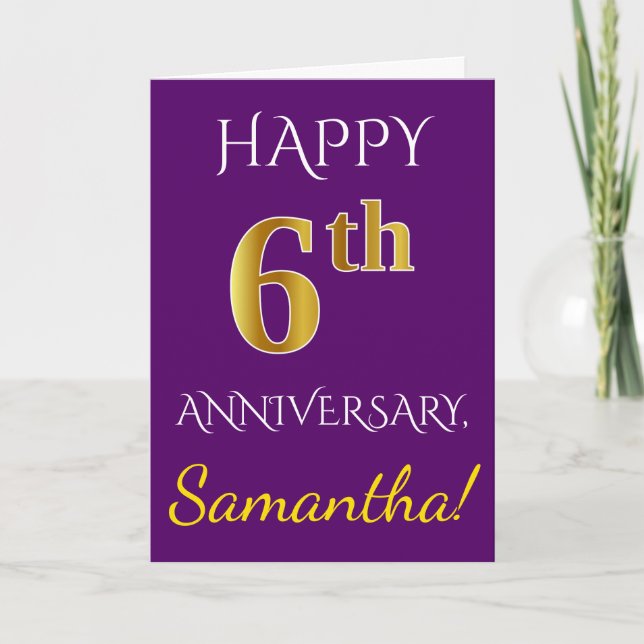 Tarjeta Purple, Faux Gold 6Aniversario Boda + Nombre (Anverso)