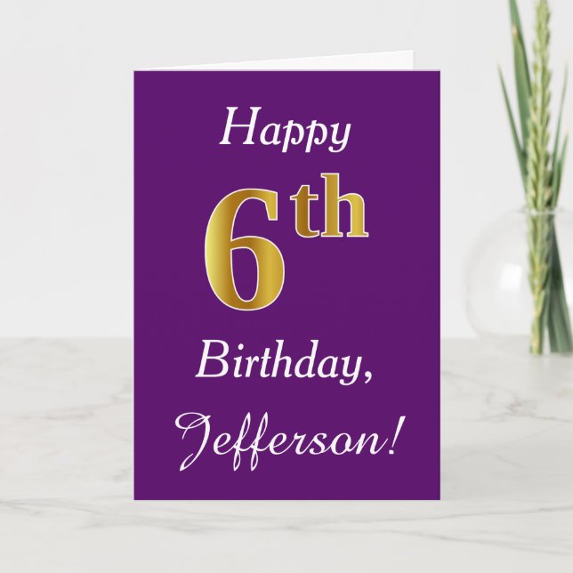Tarjeta Purple, Faux Gold 6Cumpleaños + Nombre Personaliza (Anverso)