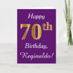 Tarjeta Purple, Faux Gold 70th Birthday   Custom Name<br><div class="desc">Este sencillo diseño de tarjetas de cumpleaños incluye el mensaje "Feliz cumpleaños número 70",  con el "70" en apariencia de oro falso. También tiene un nombre personalizado y un fondo morado. Se podría dar a alguien que esté celebrando su septuagésimo cumpleaños.</div>