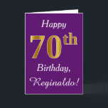 Tarjeta Purple, Faux Gold 70th Birthday   Custom Name<br><div class="desc">Este sencillo diseño de tarjetas de cumpleaños incluye el mensaje "Feliz cumpleaños número 70",  con el "70" en apariencia de oro falso. También tiene un nombre personalizado y un fondo morado. Se podría dar a alguien que esté celebrando su septuagésimo cumpleaños.</div>