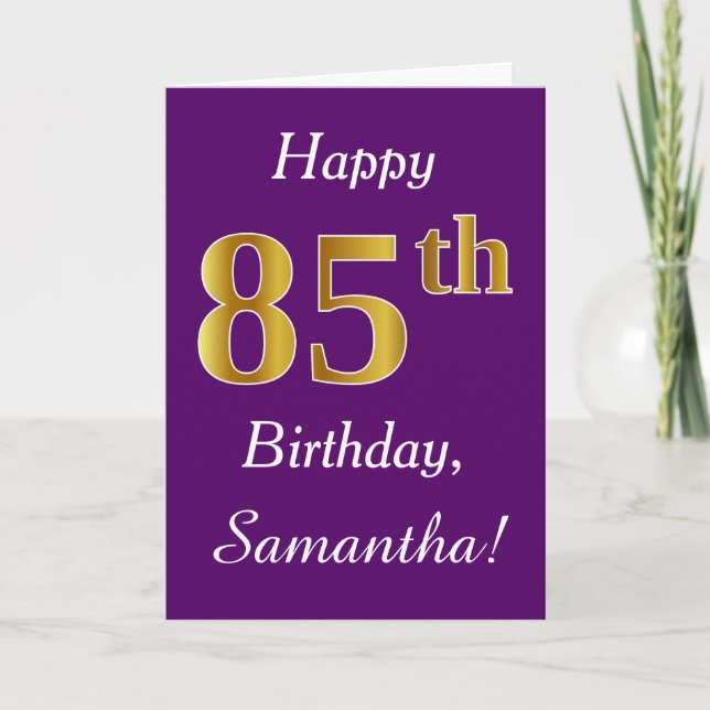 Tarjeta Purple, Faux Gold 85th Birthday + Custom Name (Anverso)