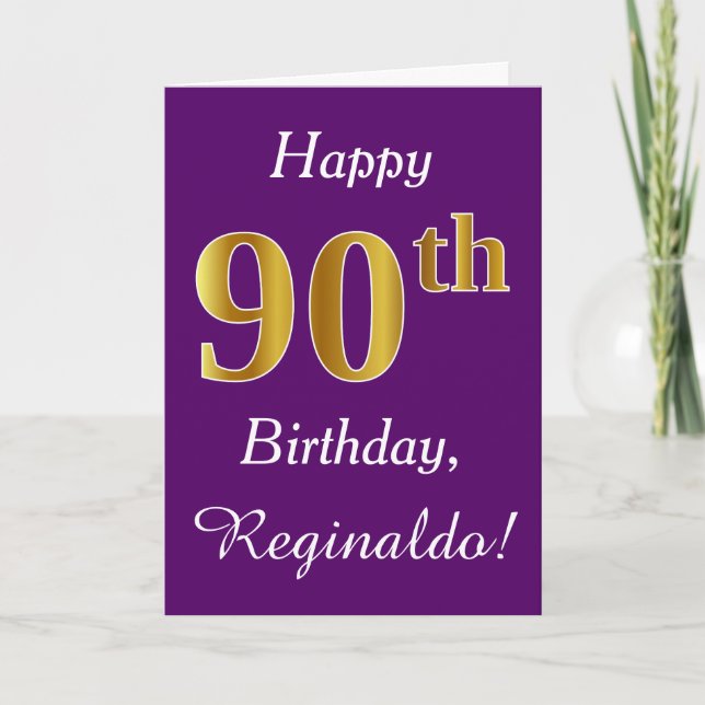 Tarjeta Purple, Faux Gold 90th Birthday + Custom Name (Anverso)
