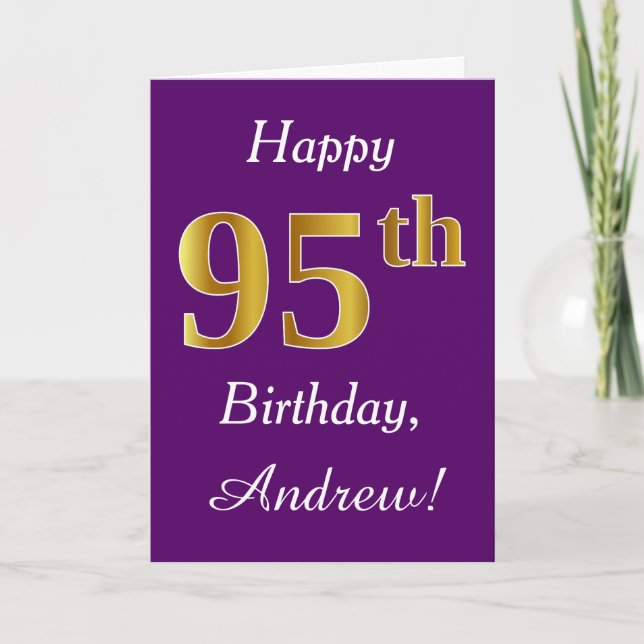 Tarjeta Purple, Faux Gold 95th Birthday + Custom Name (Anverso)