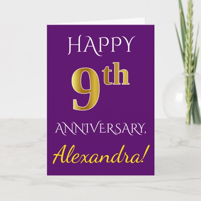 Tarjeta Purple, Faux Gold Noveno Aniversario del Boda + No (Anverso)