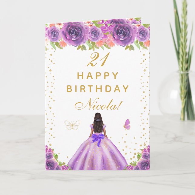 Tarjeta Purple Floral Dark Skin Girl Birthday (Anverso)