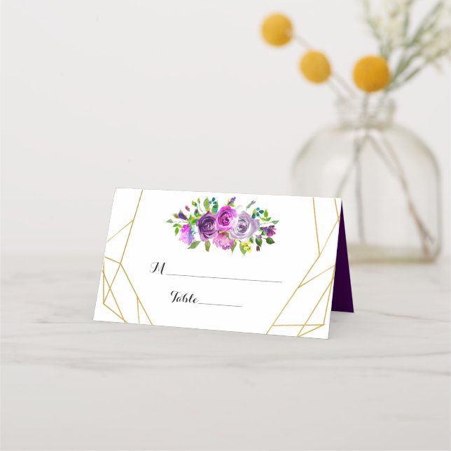 Tarjeta Purple Floral Gold Geométrica Table Place (Anverso)
