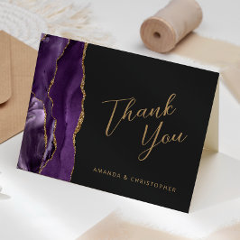 Tarjeta Purple Gold Agate Script Dark Boda Gracias