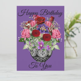 Tarjeta Purple Happy Birthday Floral Bouquet con Rosas