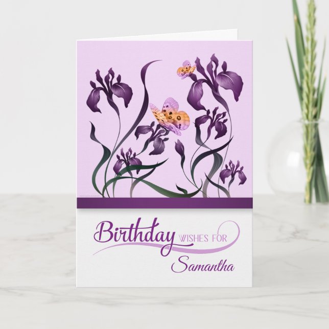Tarjeta Purple Iris Garden Cumpleaños con Nombre (Anverso)