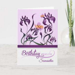 Tarjeta Purple Iris Garden Cumpleaños con Nombre