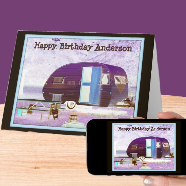 Tarjeta Purple Vintage Vibe Camper Trailer Happy Birthday (Subido por el creador)
