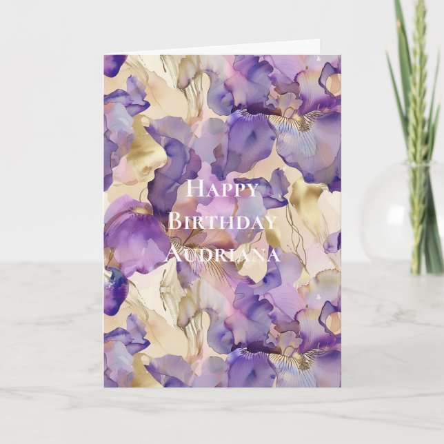 Tarjeta Purple White Gold Abstract Iris Flowers Birthday (Anverso)