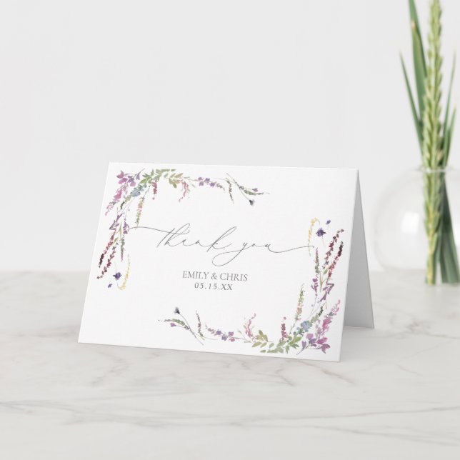 Tarjeta Purple Wildflower Calligraphy Wedding Thank You (Anverso)